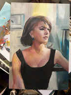 Portrait of Natalie Wood in oil paint, vintage hollywood actress on flat canvas