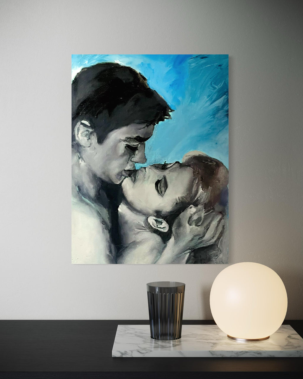Original oil painting black and white Alain Delon and Brigitte Bardot