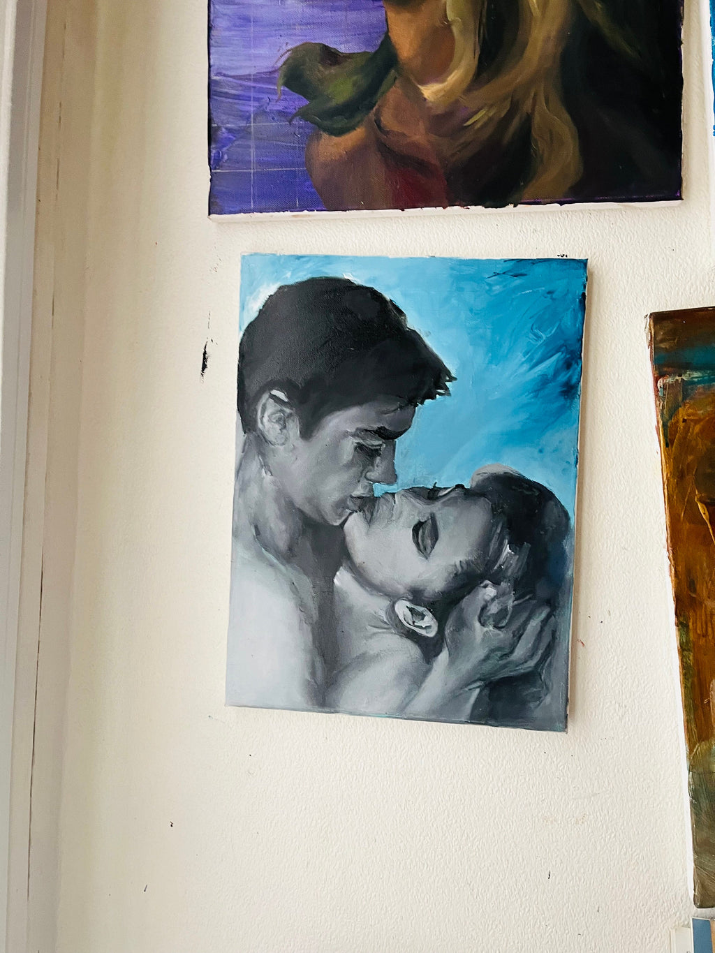 Original oil painting black and white Alain Delon and Brigitte Bardot