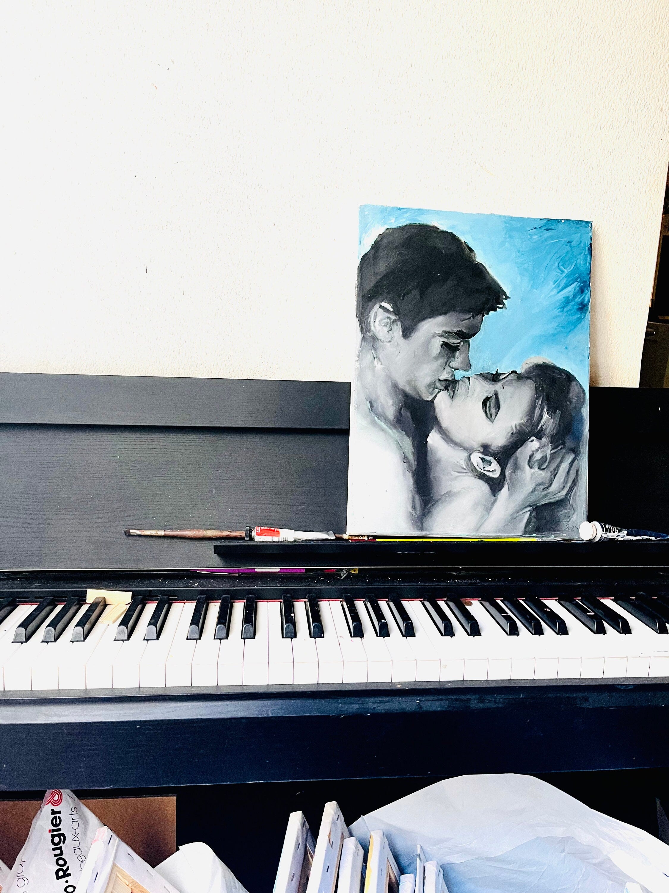 Original oil painting black and white Alain Delon and Brigitte Bardot