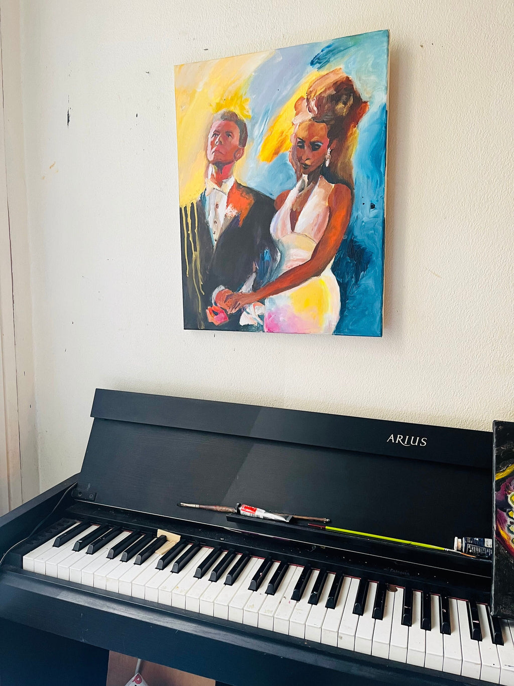 Iman and David Bowie original acrylic painting