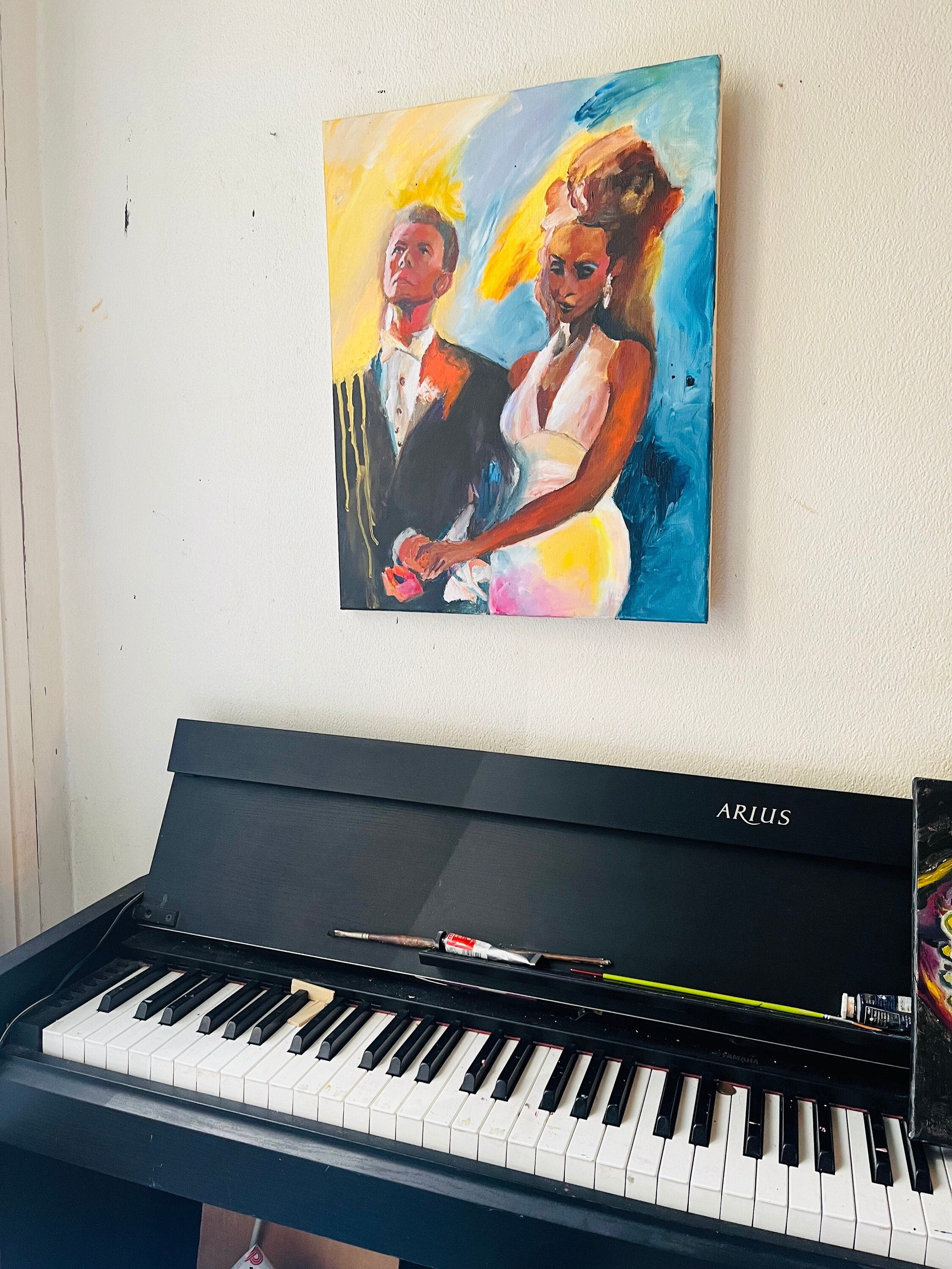 Iman and David Bowie original acrylic painting