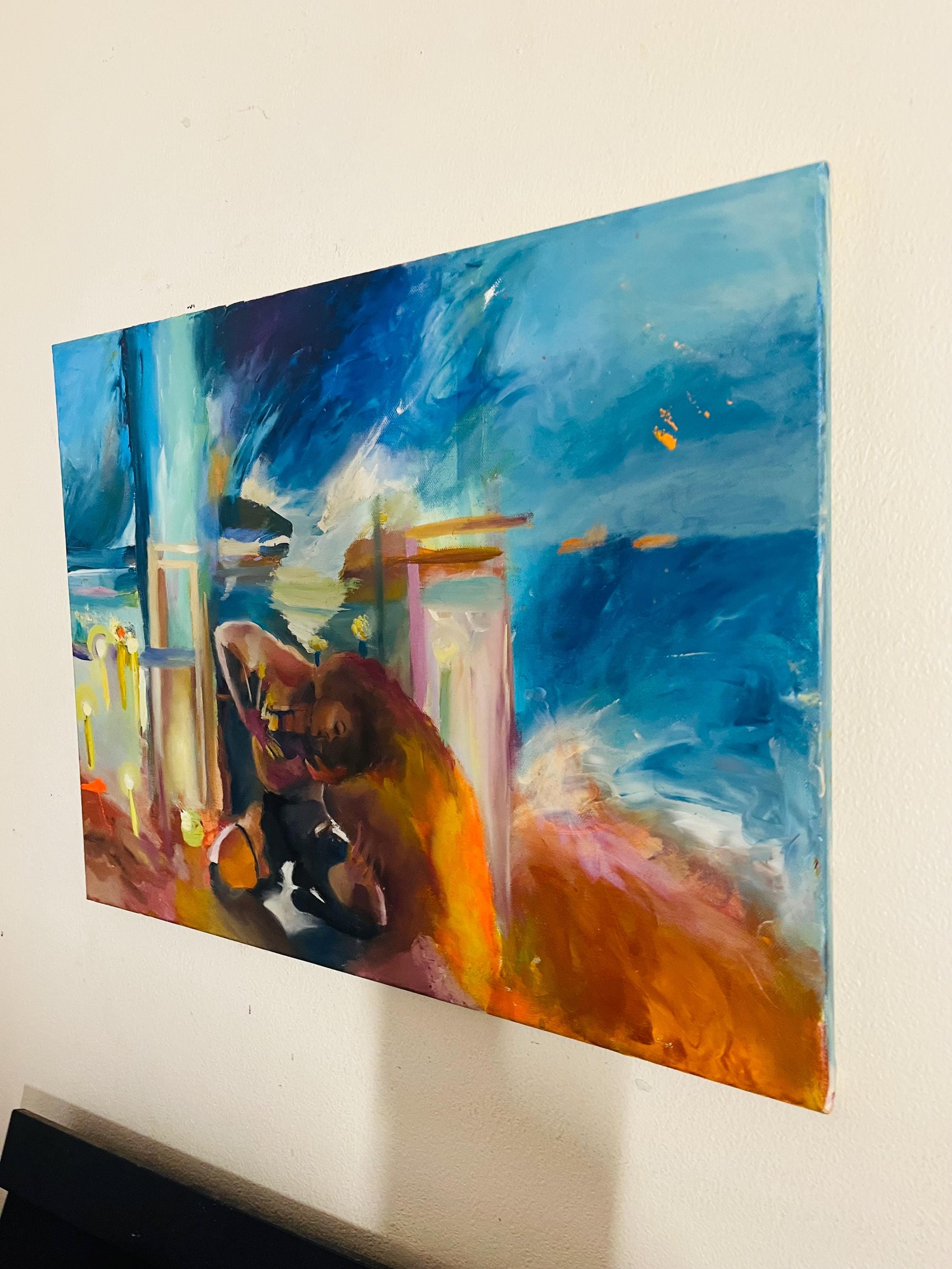 Mare Luce, original painting of a woman dancer on the sea, soft light