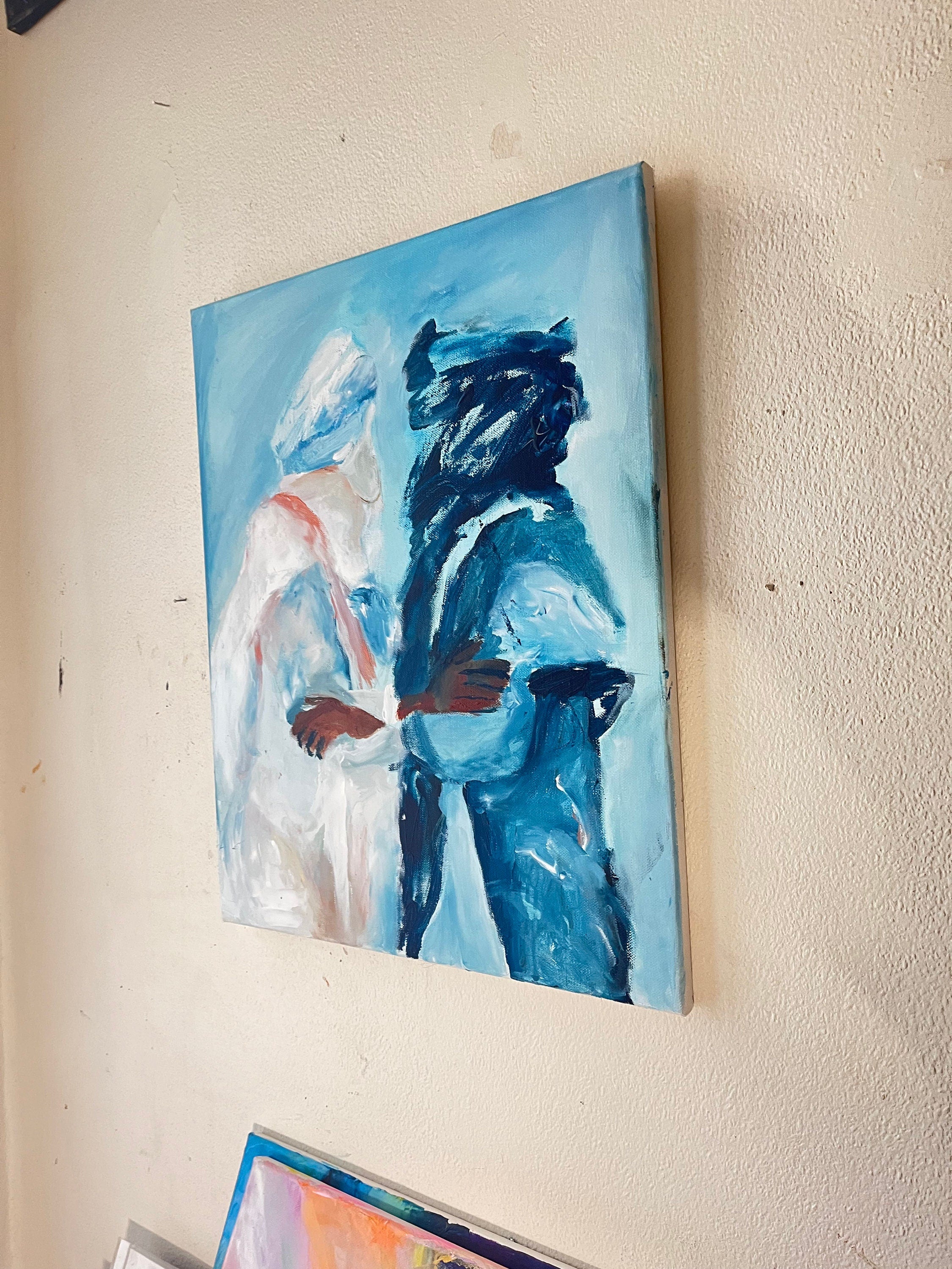 Original painting of Tuareg brothers, oil and acrylic painting, two men In Sahara
