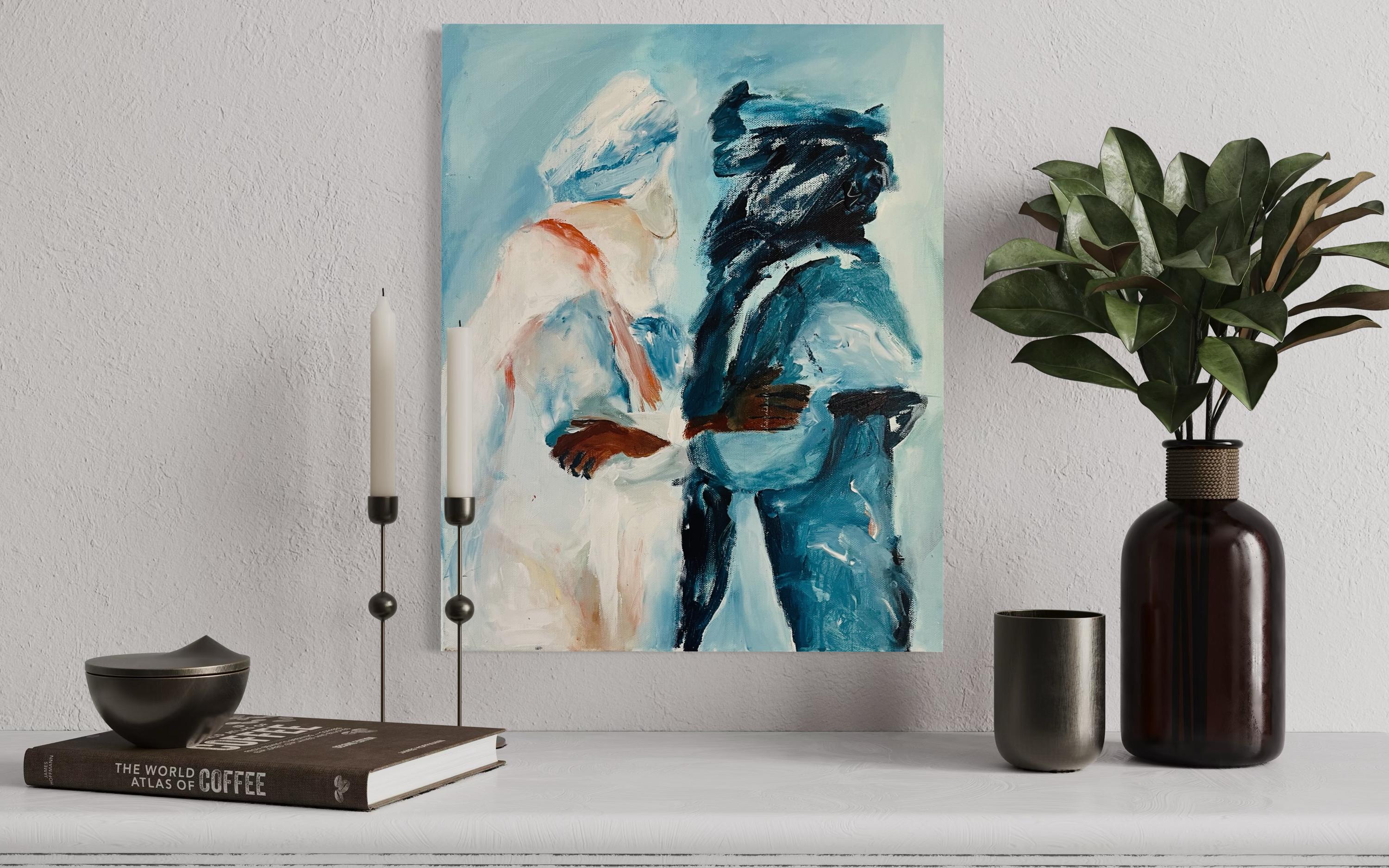 Original painting of Tuareg brothers, oil and acrylic painting, two men In Sahara