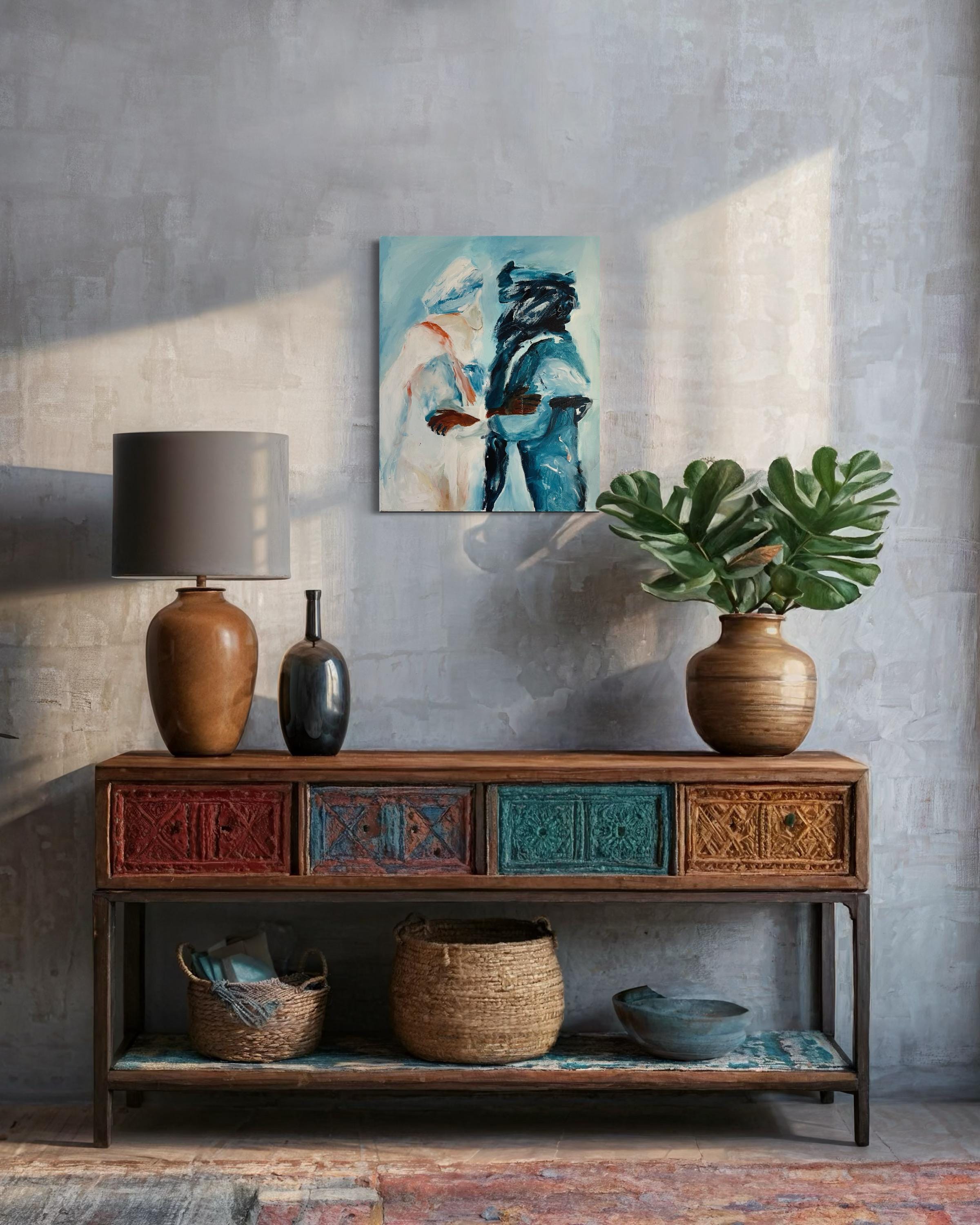 Original painting of Tuareg brothers, oil and acrylic painting, two men In Sahara