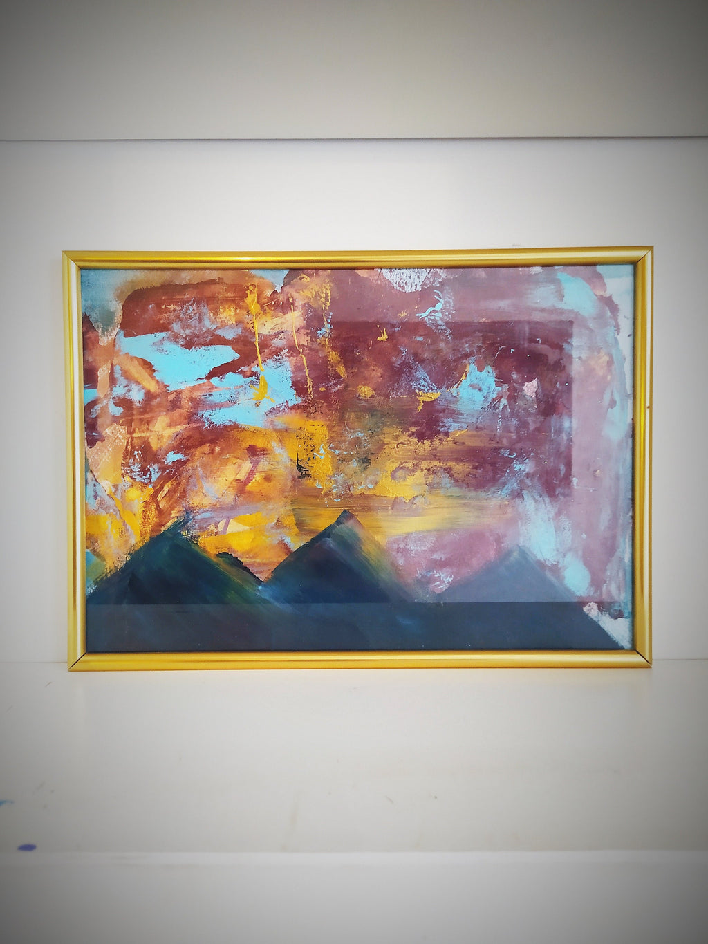 ORIGINAL painting A4 golden dark abstract moutains, home decoration