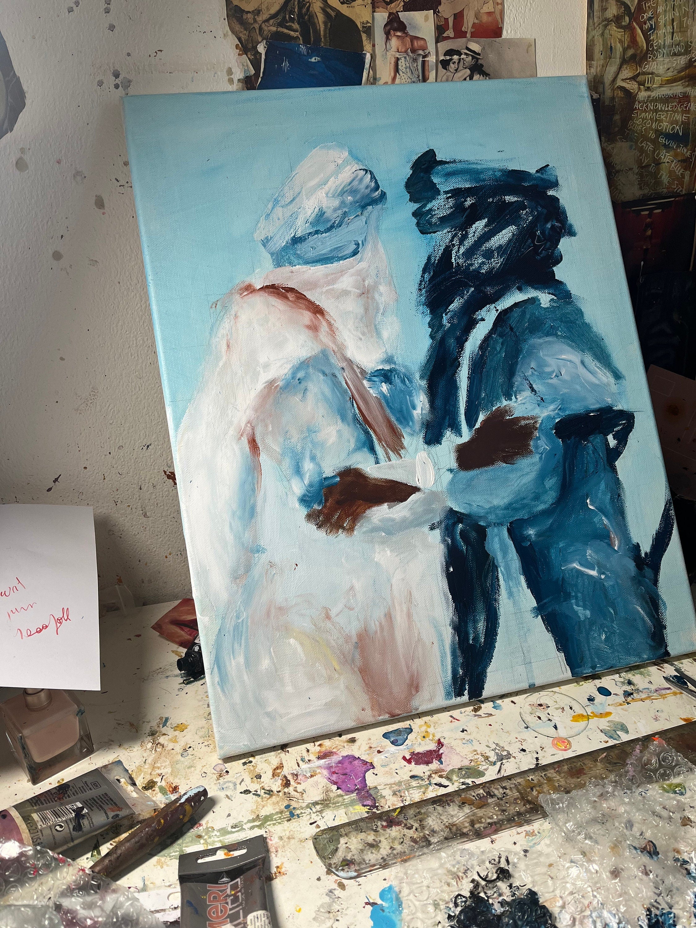 Original painting of Tuareg brothers, oil and acrylic painting, two men In Sahara