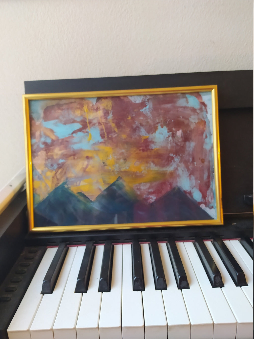 ORIGINAL painting A4 golden dark abstract moutains, home decoration