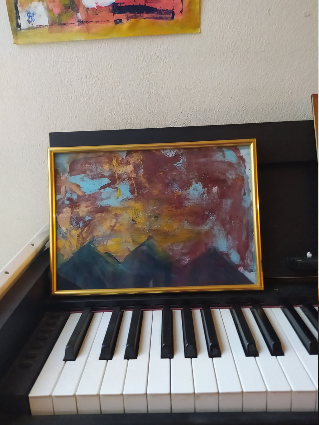 ORIGINAL painting A4 golden dark abstract moutains, home decoration