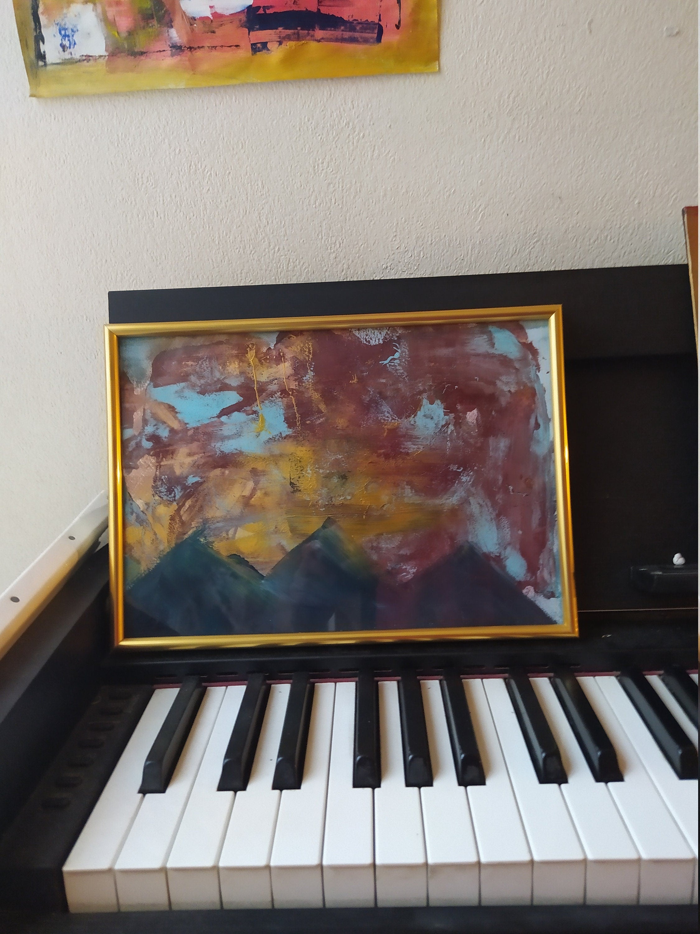 ORIGINAL painting A4 golden dark abstract moutains, home decoration