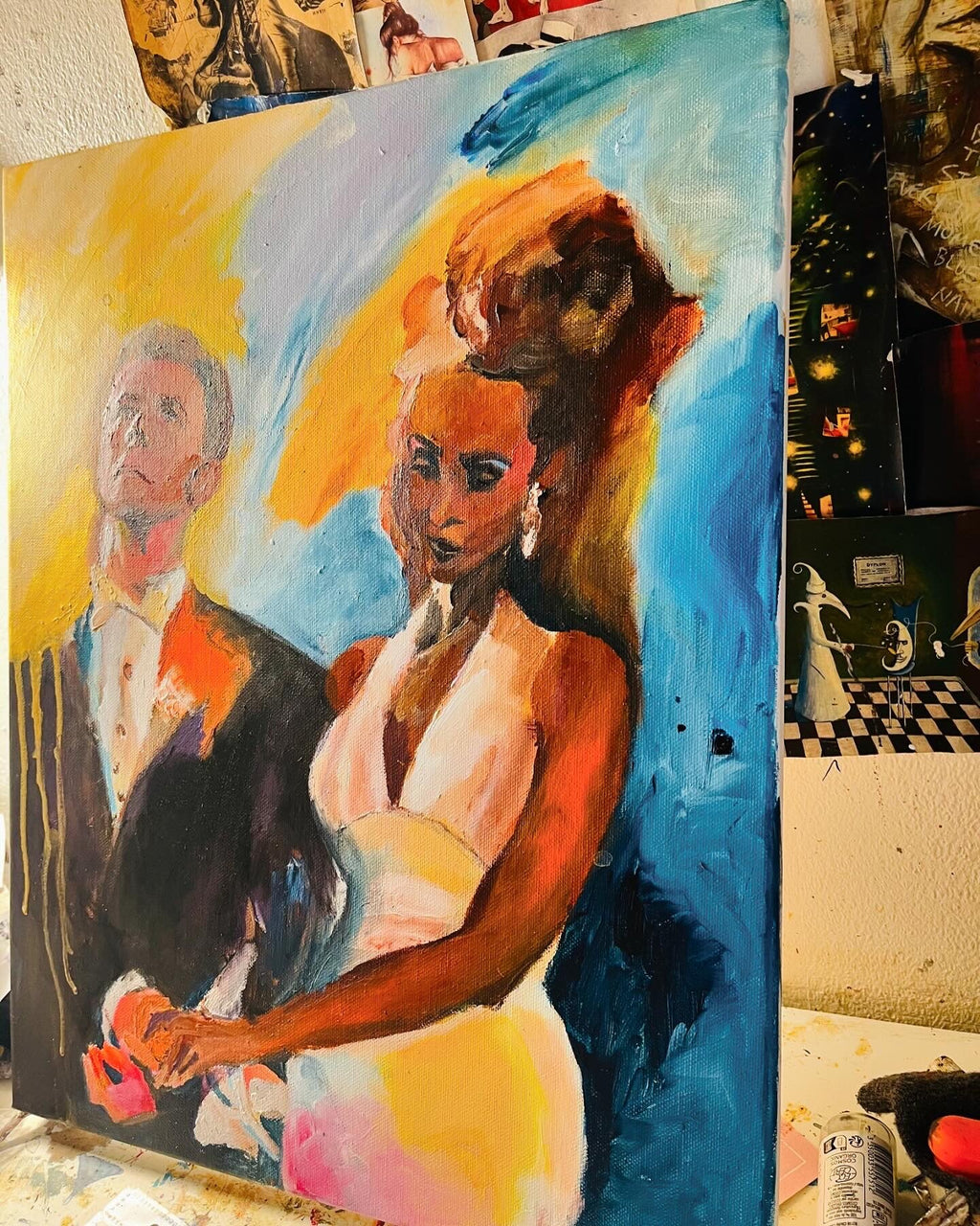 Iman and David Bowie original acrylic painting