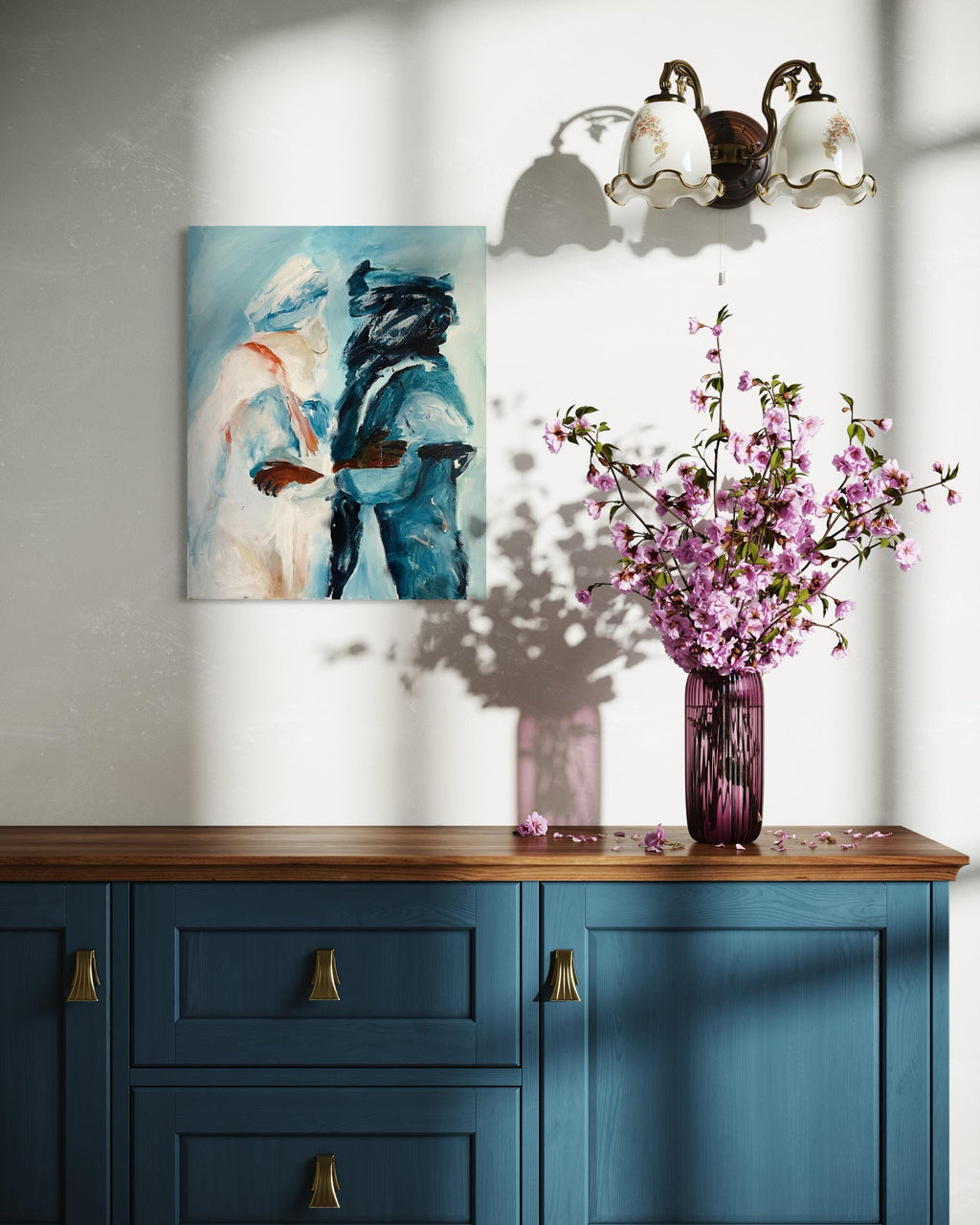 Original painting of Tuareg brothers, oil and acrylic painting, two men In Sahara