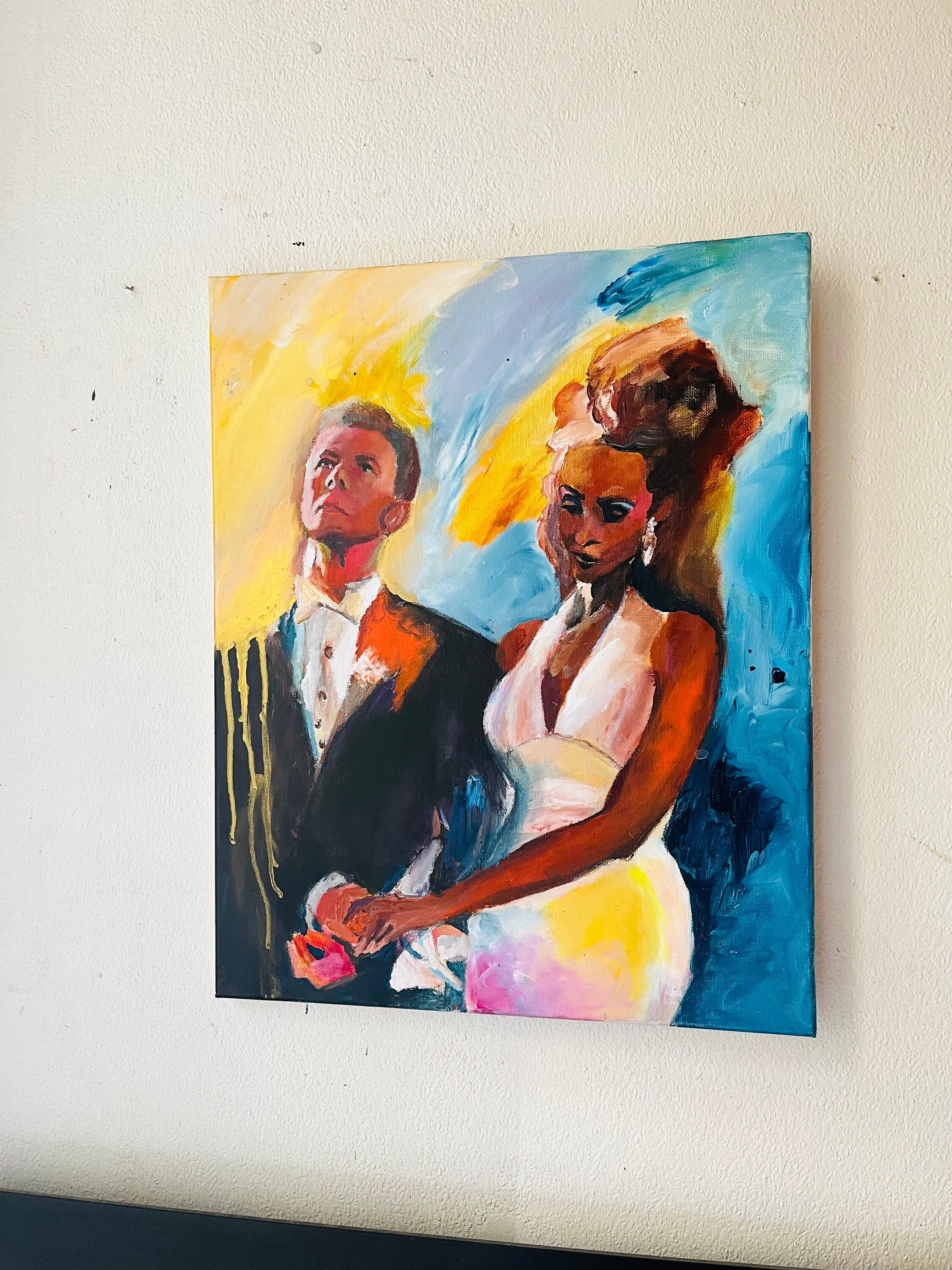 Iman and David Bowie original acrylic painting